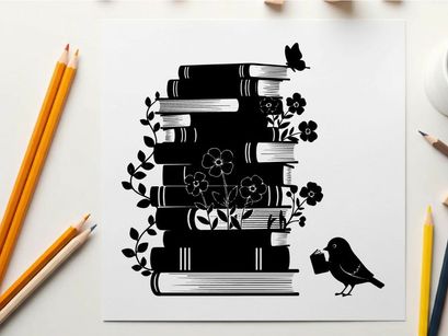 Silhouette of books with flowers bird and butterfly