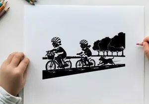 Silhouette of two cyclists and dog on a road