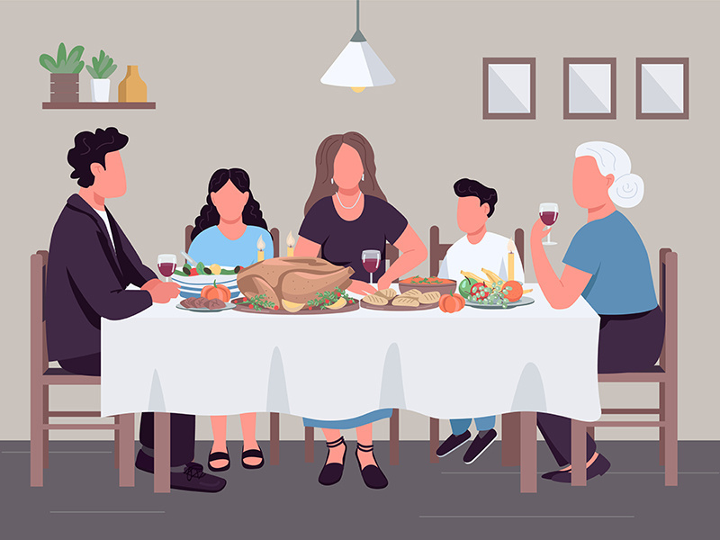 Caucasian family dinner flat color vector illustration