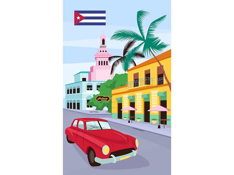 Red vintage car in Havana poster flat vector template