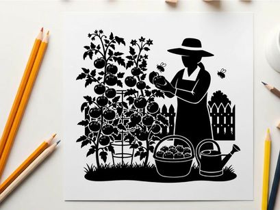 Silhouette of a woman gardening with tomatoes and tools