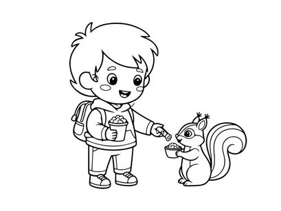 Boy feeding squirrel flat design vector illustration