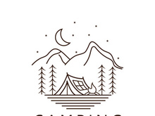 Pine trees and camping tent textured logo design vector illustration