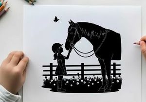 Silhouette of a little girl petting a horse