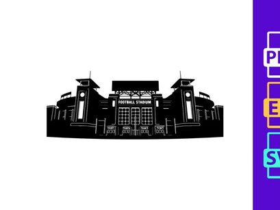 A black and white illustration of a football stadium with towers