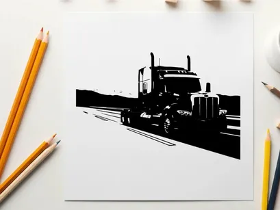 Silhouette of a semi truck driving on a highway with mountains