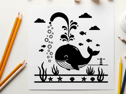 Whale silhouette swimming underwater with sea creatures and plants silhouette