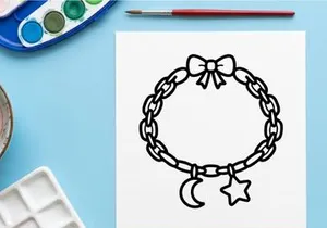 Hand-drawn Halloween charm bracelet with bow and crescent moon. Spooky jewelry illustration for festive crafts and decorations.