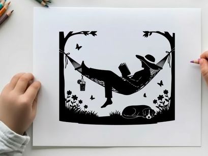 Relaxing silhouette of a man in a hammock with dog and butterflies