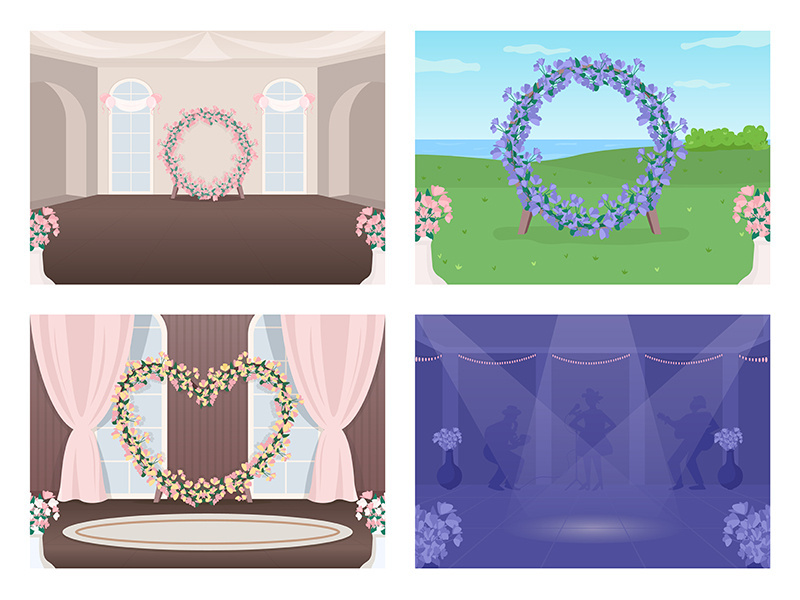 Decorated wedding venue flat color vector illustration set