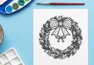 Christmas wreath line art illustration with a decorative bow and holly leaves