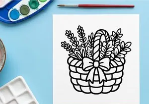 Wicker basket with flowers and bow. Hand drawn line art illustration of a floral gift.