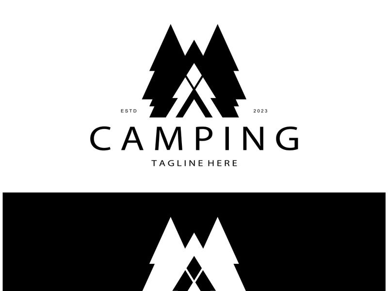 vintage and retro tent logo, camping. With tent, tree and bonfire sign. adventurers, scouts, climbers, camping equipment center