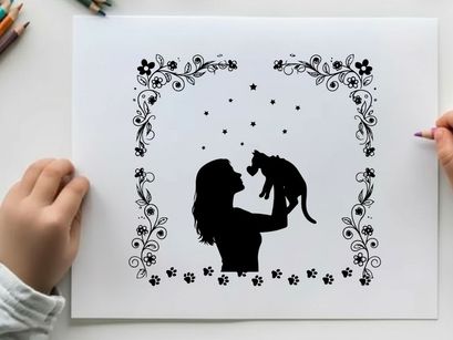 Silhouette of woman kissing a cat surrounded by flowers