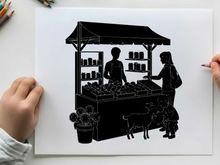 Silhouette of a market stall with vendor and customer
