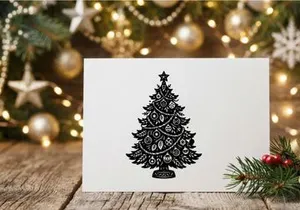 Christmas tree illustration with ornaments and star in a black and white woodcut style.