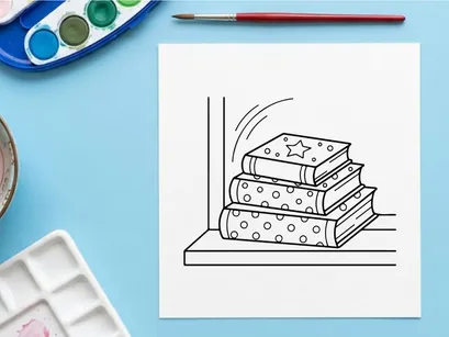 Stack of Christmas books with star and polka dot patterns for holiday coloring page.