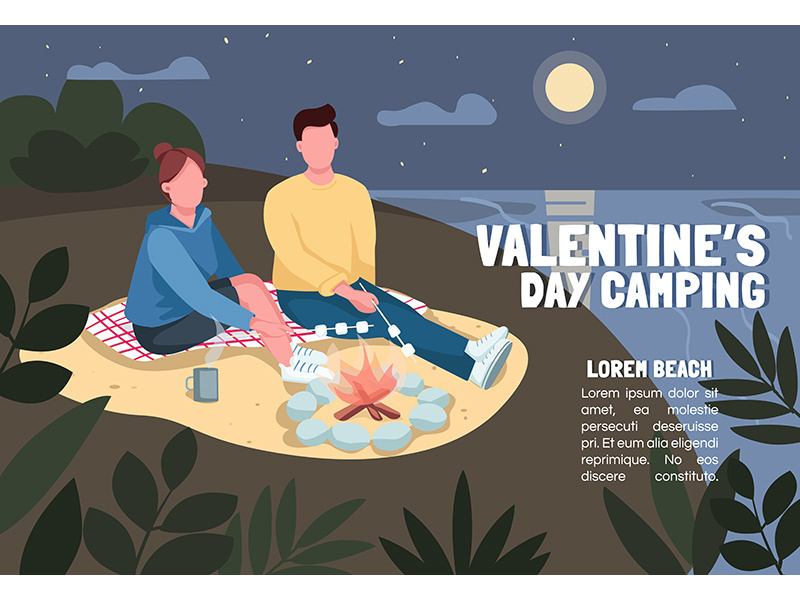 Valentines Day camping banner flat vector template