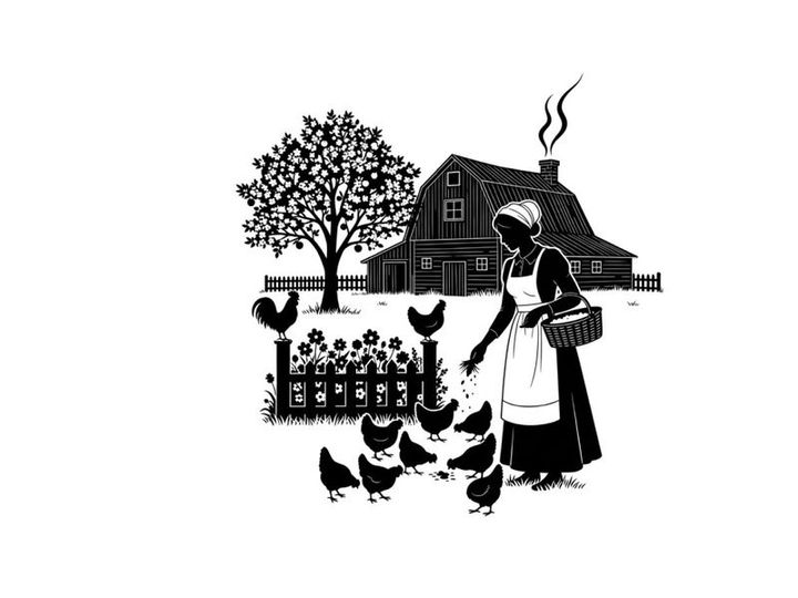 Silhouette of a woman feeding chickens in a rural setting