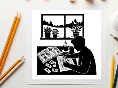 Silhouette of a person reading newspaper by the window with plants