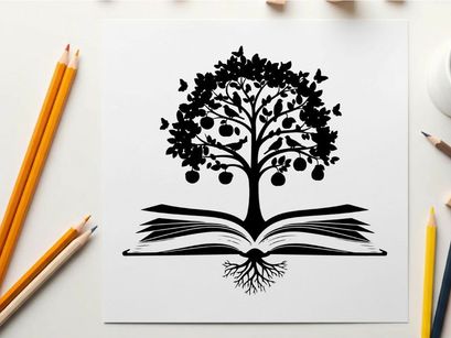 Silhouette of tree growing out of open book with birds