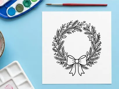 Hand drawn Christmas wreath with pine branches and bow, black and white line art illustration