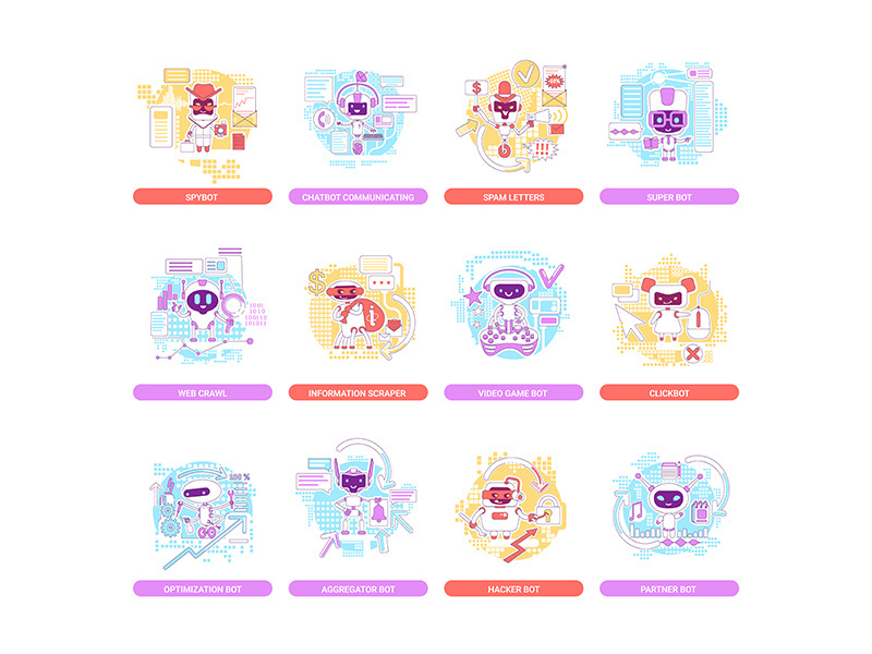 Good and bad bots thin line concept vector illustrations set