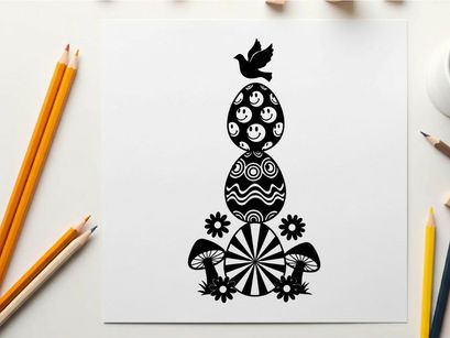 Whimsical silhouette of stacked eggs with mushrooms and flowers