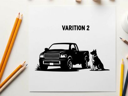 Silhouette of a pickup truck and dog in grass