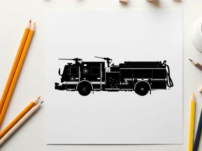 Fire truck silhouette with helicopter on top and hose