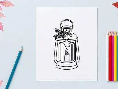 Christmas lantern line art illustration with candle and pine branch decoration