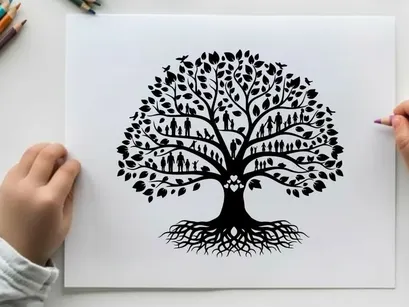 Silhouette of a tree with people and roots silhouette