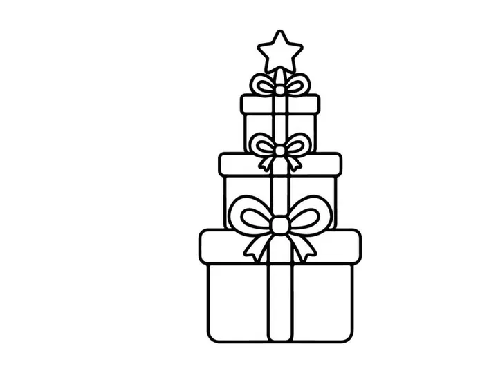 Christmas gift boxes stacked in tree shape with a star topper, black and white line art.