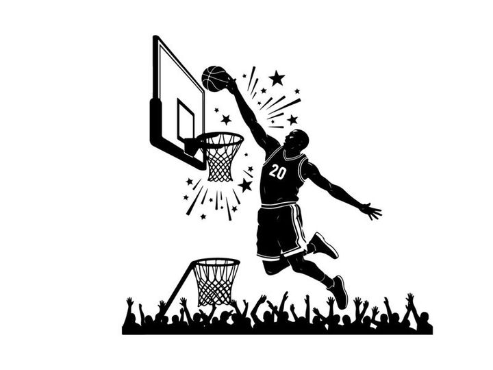 Silhouette of a basketball player dunking ball with crowd cheering