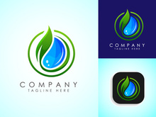 Abstract green leaf with water drop nature logo, Environmental logo concept
