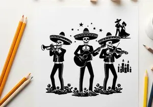 Day of the dead mariachi skeleton silhouette artwork