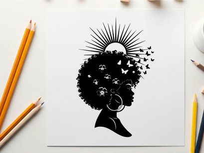 Silhouette of a woman with afro and sun rays