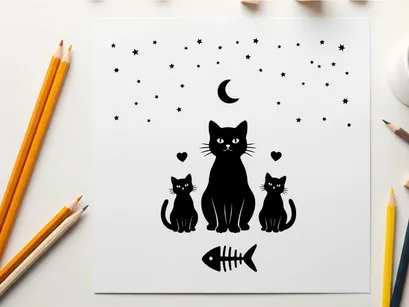 Three black cats silhouette under a crescent moon and stars