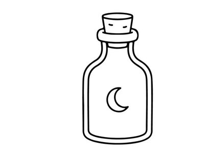 Magic potion bottle icon. Alchemy glass flask with moon symbol for fantasy design.
