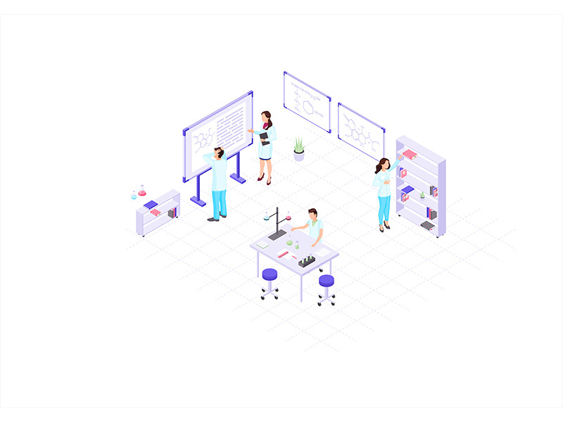 Scientists, chemists, academics, research workers isometric color vector illustration
