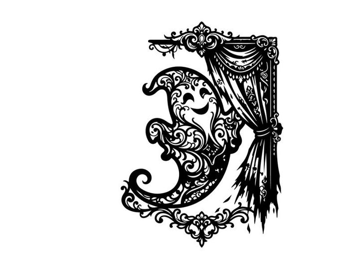 Elegant ornate letter 'J' with decorative curtain and frame