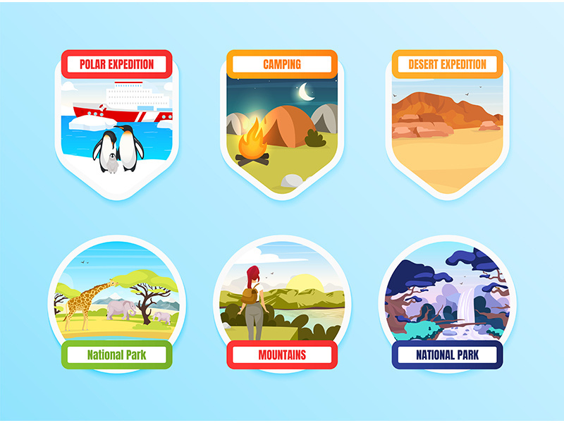 Expedition flat color vector badge set on blue background