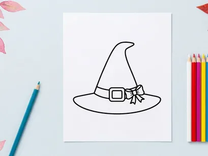 Hexenhut-Symbol für Halloween und Fantasy-Design. Klassische spitze Zauberer-Kopfbedeckung mit Schnalle und Stern-Detail im flachen Vektorstil.