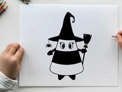 Silhouette of a cartoon witch with a broom and hat