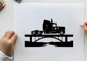 Silhouette of a semi truck on a bridge over a river
