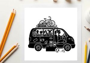Family on road trip with bicycle on van silhouette