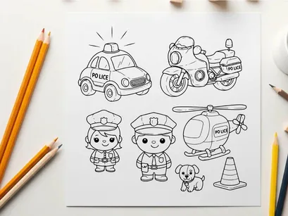 Police vehicles and officers cartoon vector illustration