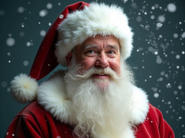 Santa Claus smiles warmly, holding a gift against a snowy backdrop. preview picture