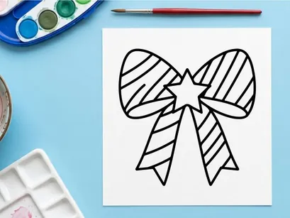 Hand drawn Christmas bow with star icon, festive holiday gift ribbon line art illustration