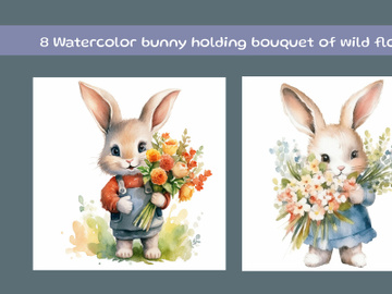 Watercolor bunny holding bouquet of wild flowers preview picture
